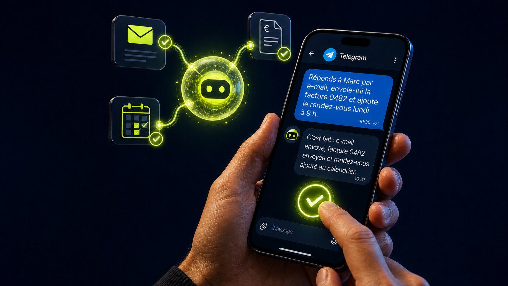 Agent IA sur Telegram qui envoie un e-mail, une facture et crée un rendez-vous