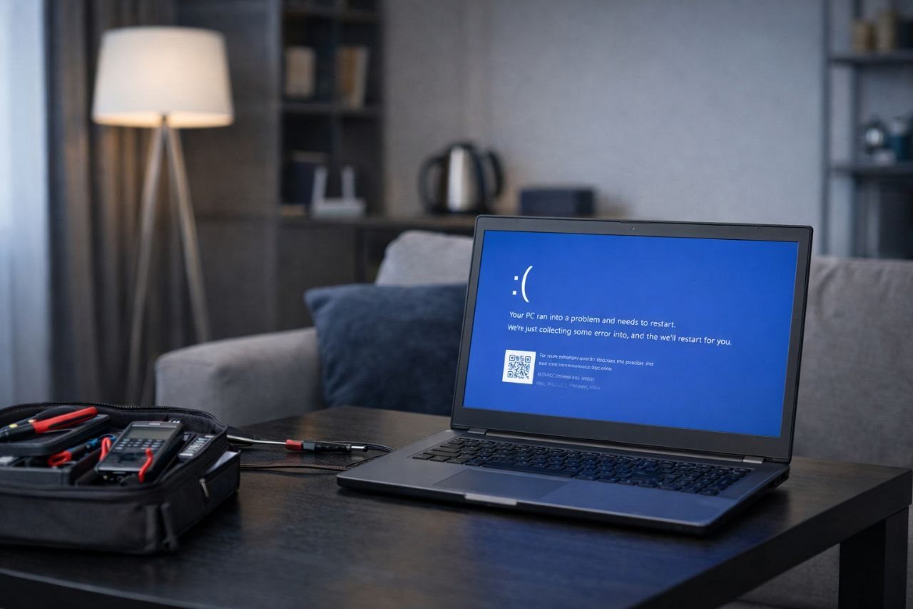 Dépannage informatique à domicile : technicien intervenant sur un PC portable avec écran bleu Windows