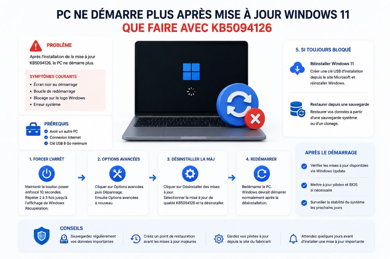 Infographie : PC ne démarre plus après mise à jour Windows 11, étapes à suivre avec KB5094126