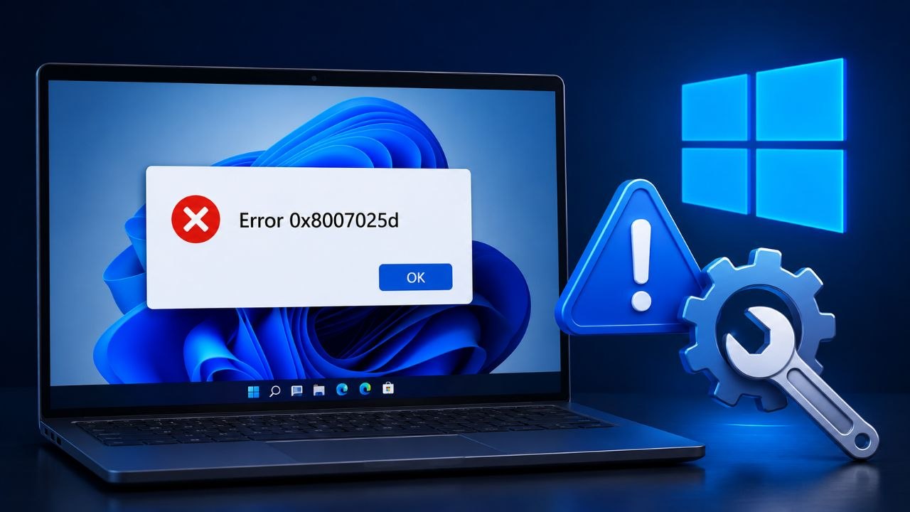 Écran d’ordinateur Windows 11 affichant l’erreur 0x8007025d avec icône d’avertissement et outil de réparation