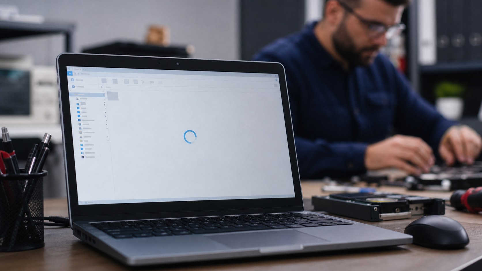 Technicien dépannant un PC dont l’Explorateur de fichiers ne répond pas