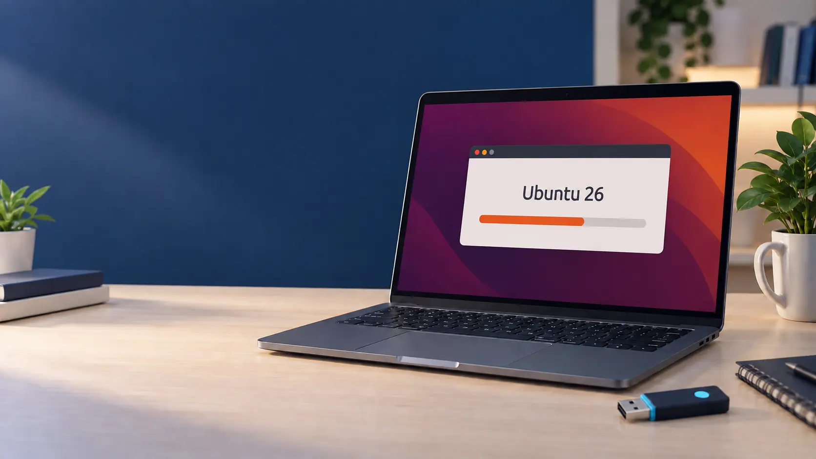 Ordinateur portable affichant l'installation d'Ubuntu 26 avec une clé USB