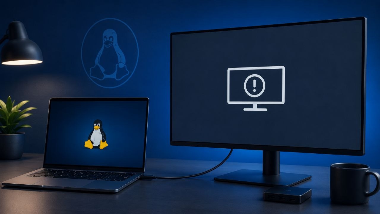 Ordinateur portable Linux relié à un écran externe affichant une alerte de détection vidéo
