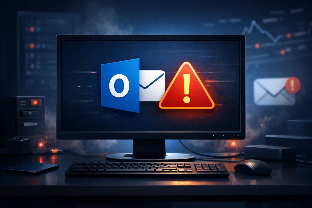 Outlook ne fonctionne plus : alerte erreur sur écran d ordinateur avec messagerie bloquée