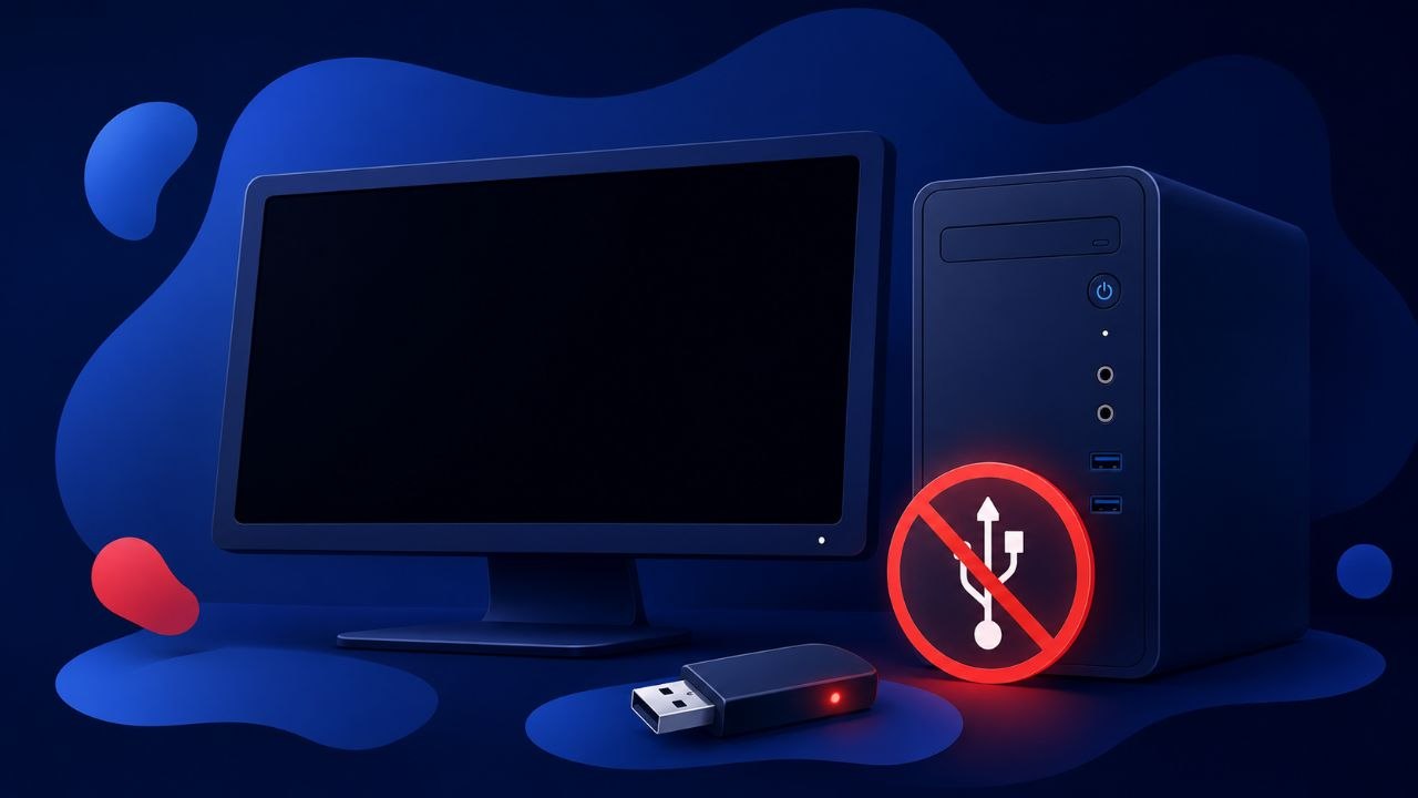 PC allumé avec écran noir et ports USB inactifs