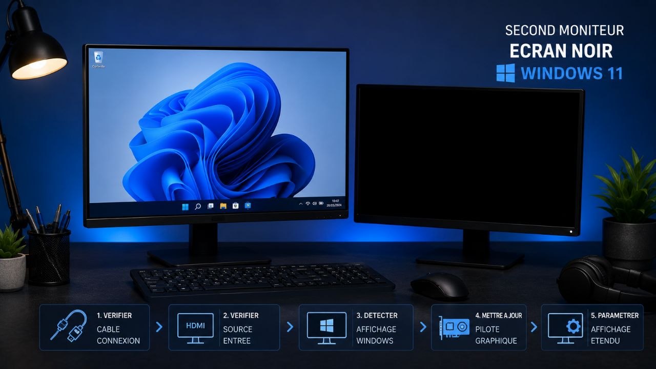 Second moniteur écran noir sous Windows 11 après un changement de résolution